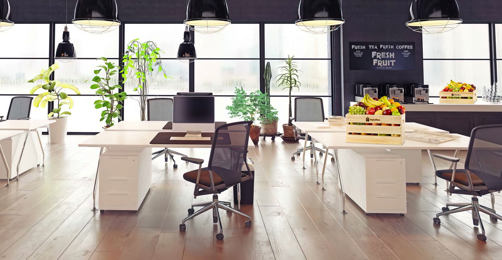 Office with fresh fruit boxes